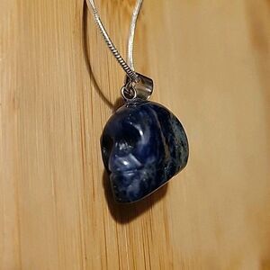 Carved Stone Gray Skull Pendant - Includes 20 Inch Snake Chain